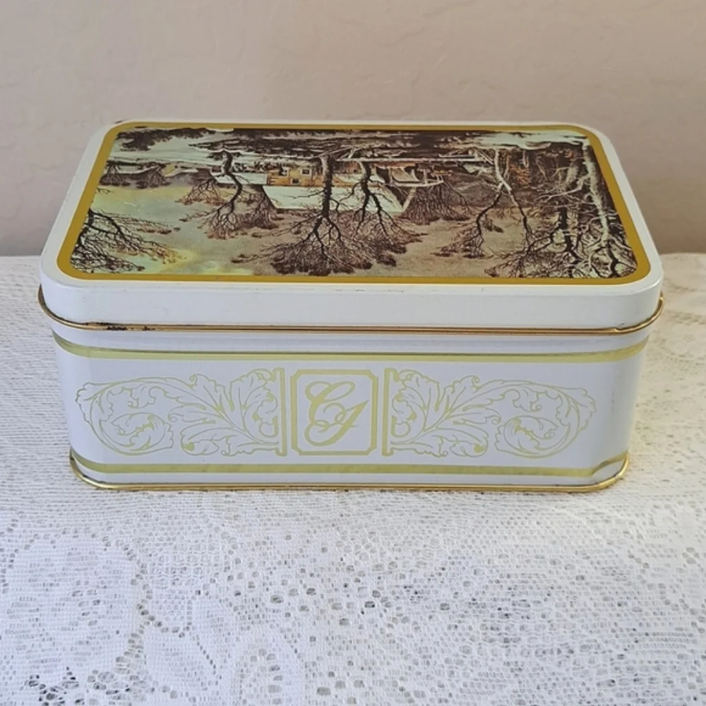 Vtg Currier & Ives The Old Grist Mill Tin Storage Container Box - Tea Cookies